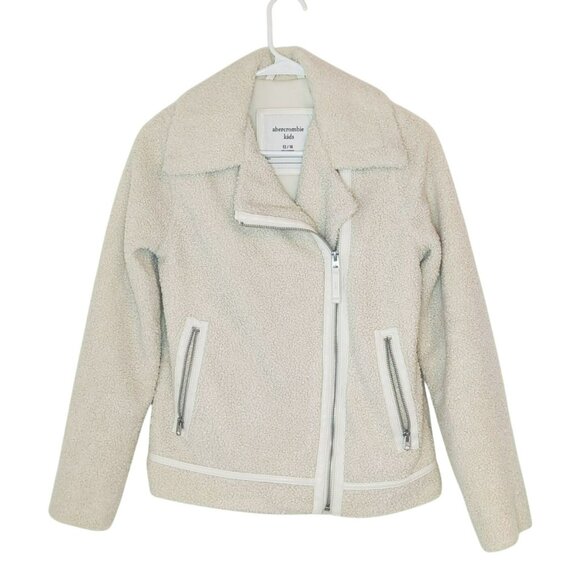 Abercrombie Kids Sherpa Moto Jacket Beige Zip-Up Girls 13/14 Lined Winter Coat - Picture 1 of 6
